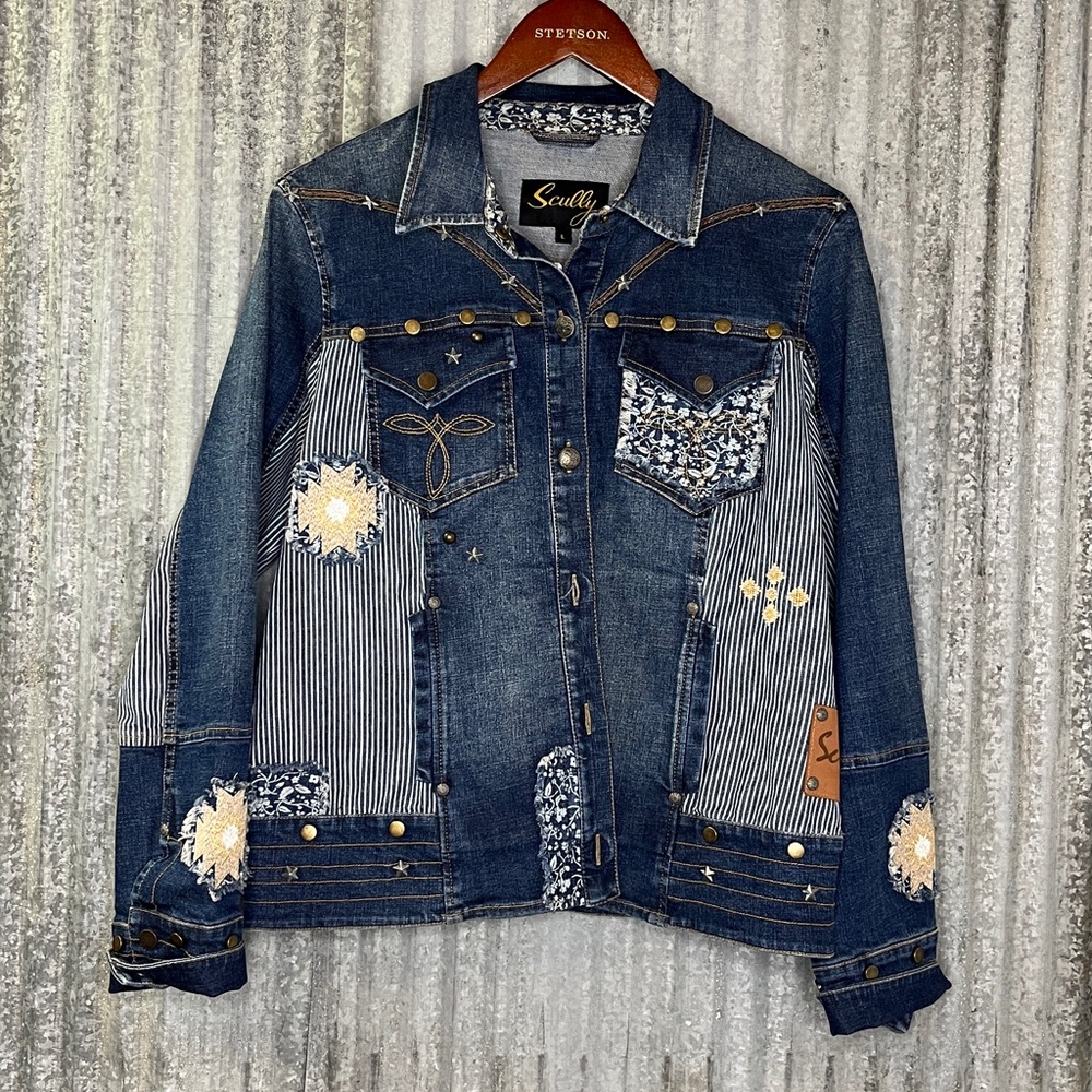 Scully Denim Jacket with Floral and Striped Patterns